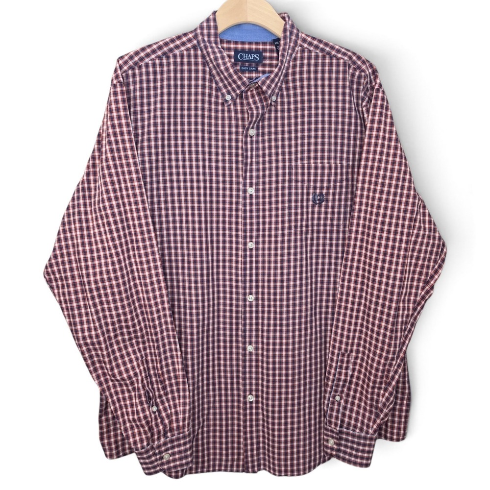 Chaps Mens Button Down Shirt 2XL XXL Red Navy Plaid Check Long Sleeve Easy Care
